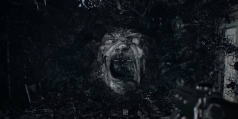 Eveline in her final form with a face coming out of a wall of Mold