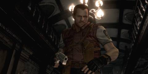 Barry standing over a fireplace with a pistol 