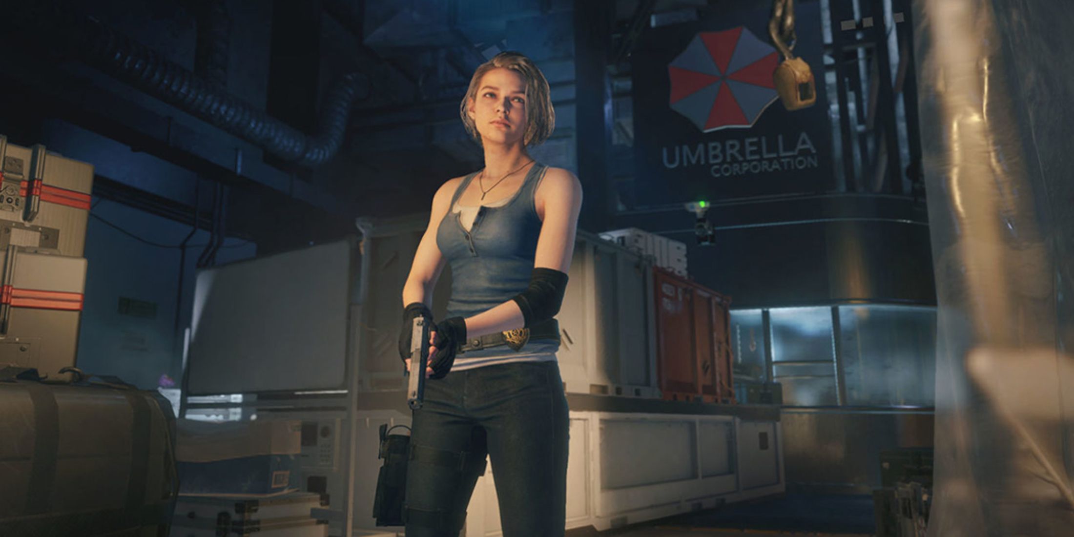 Jill Valentine standing with her pistol drawn