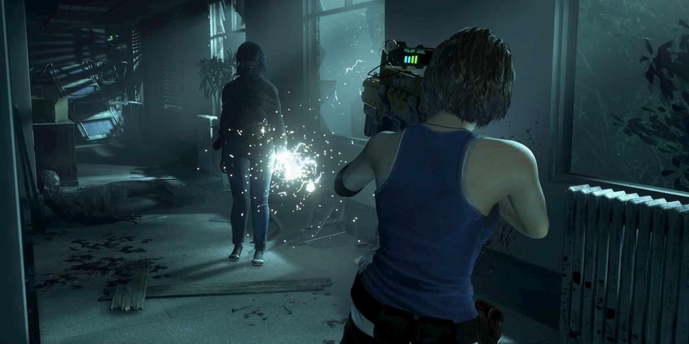 Jill Valentine shooting a zombie with an electrocuting device