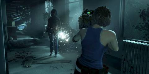 Jill Valentine shooting a zombie with an electrocuting device in Resident Evil: Resistance