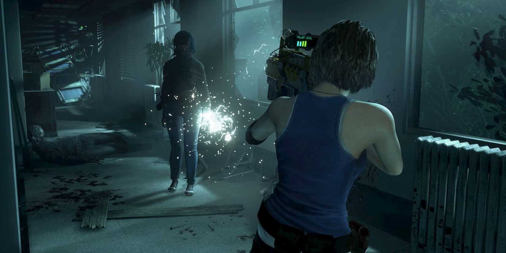 Jill Valentine shooting a zombie with an electrocuting device in Resident Evil: Resistance
