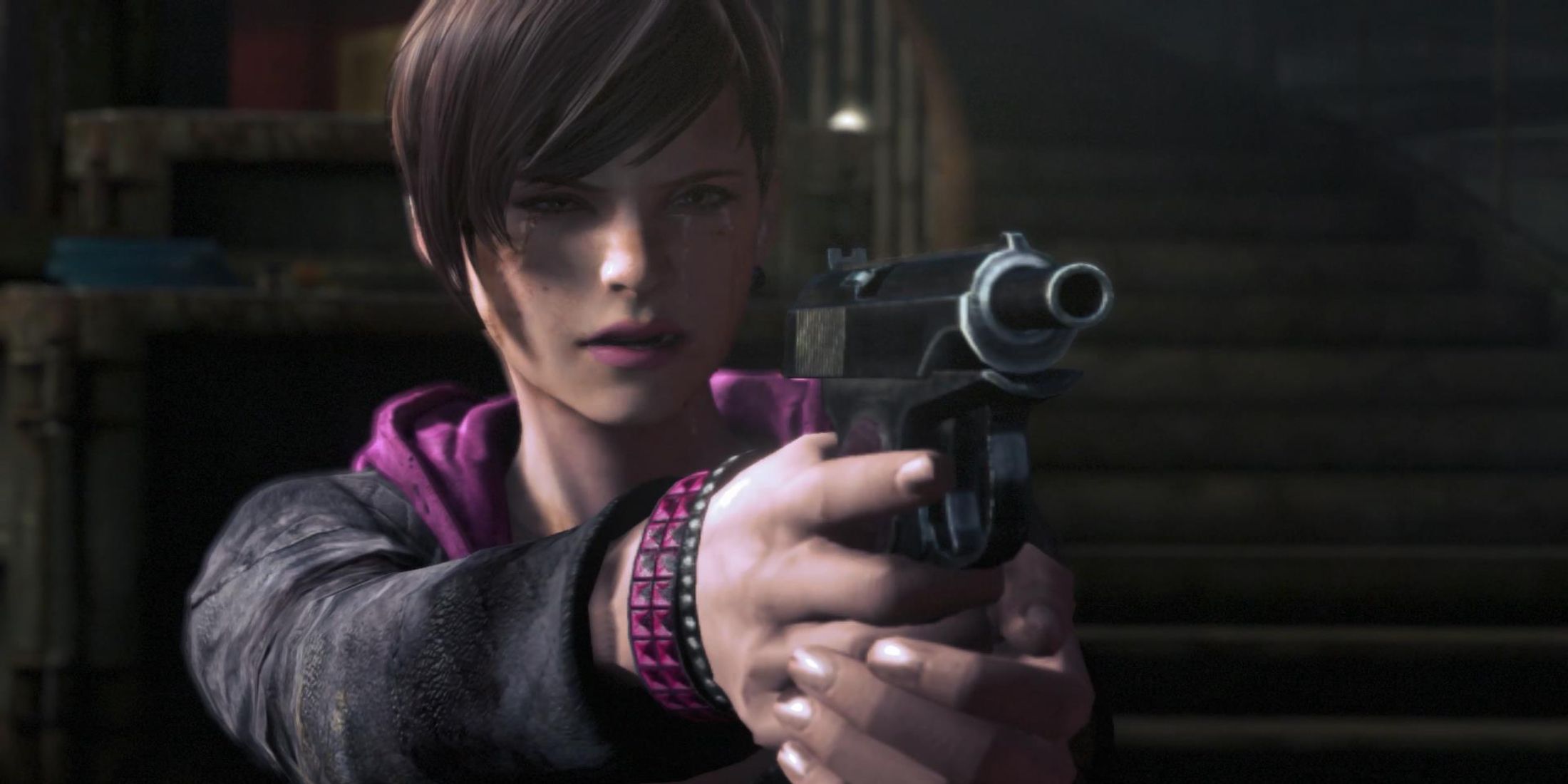 Moira Burton crying and aiming a gun