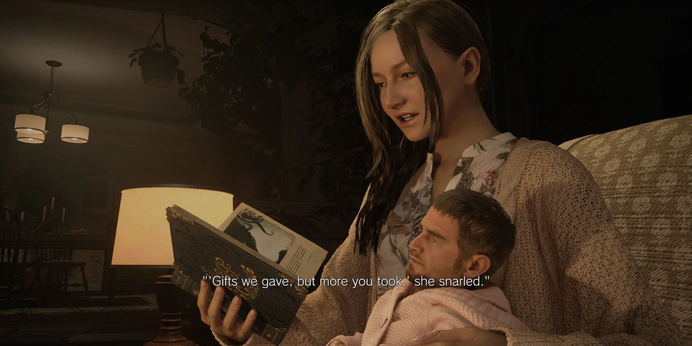 Mia reading a book to Rose with Chris' face