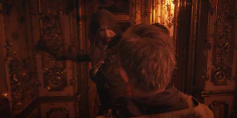 Cassandra Dimitrescu about to slash Ethan Winters with her sickle