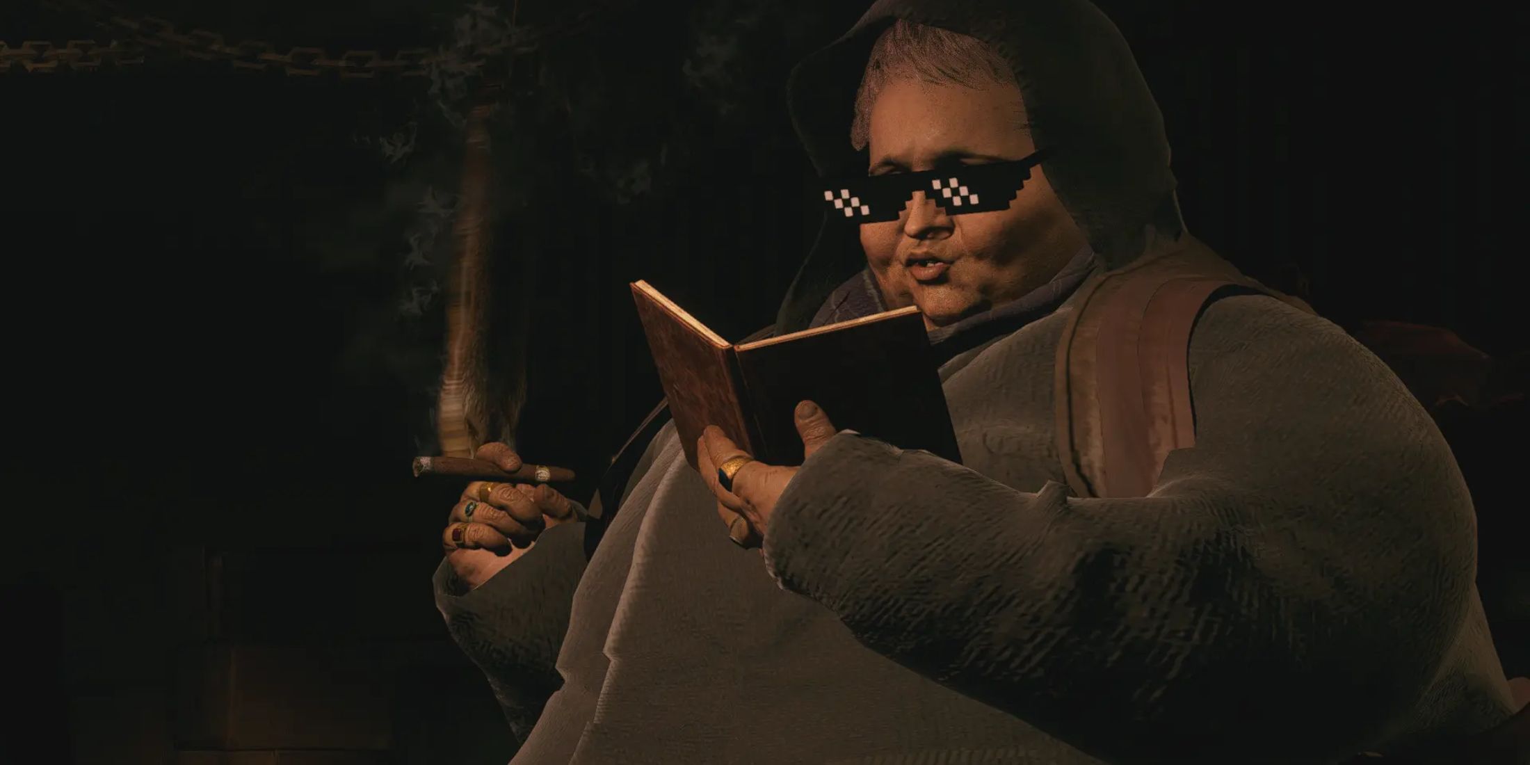 Duke reading a book and smoking a cigar with black pixel glasses on