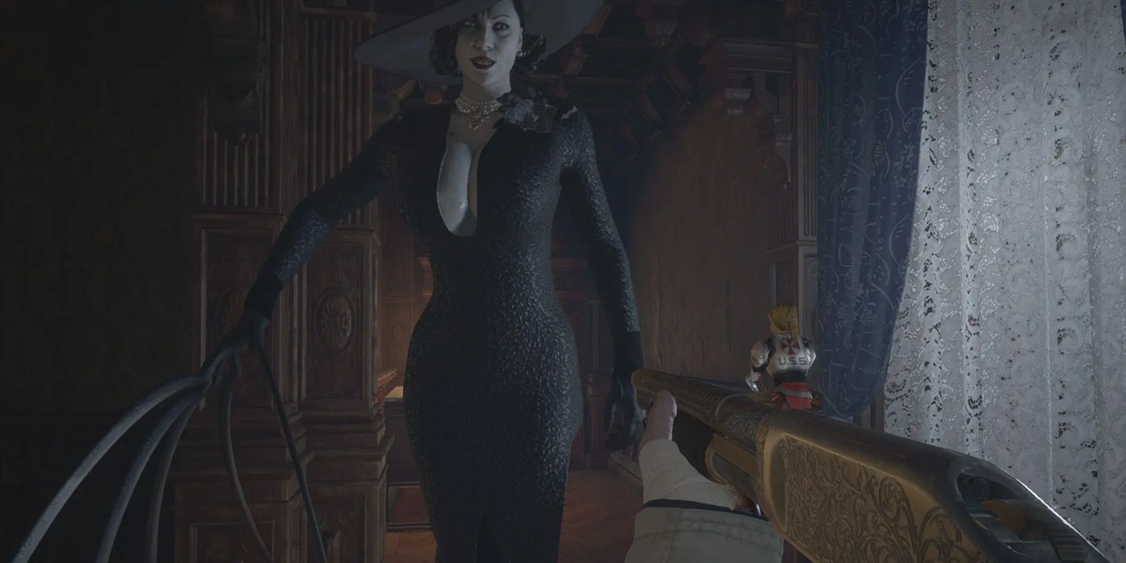 Lady Dimitrescu wearing Maggie Robertson's black dress and wielding her claws