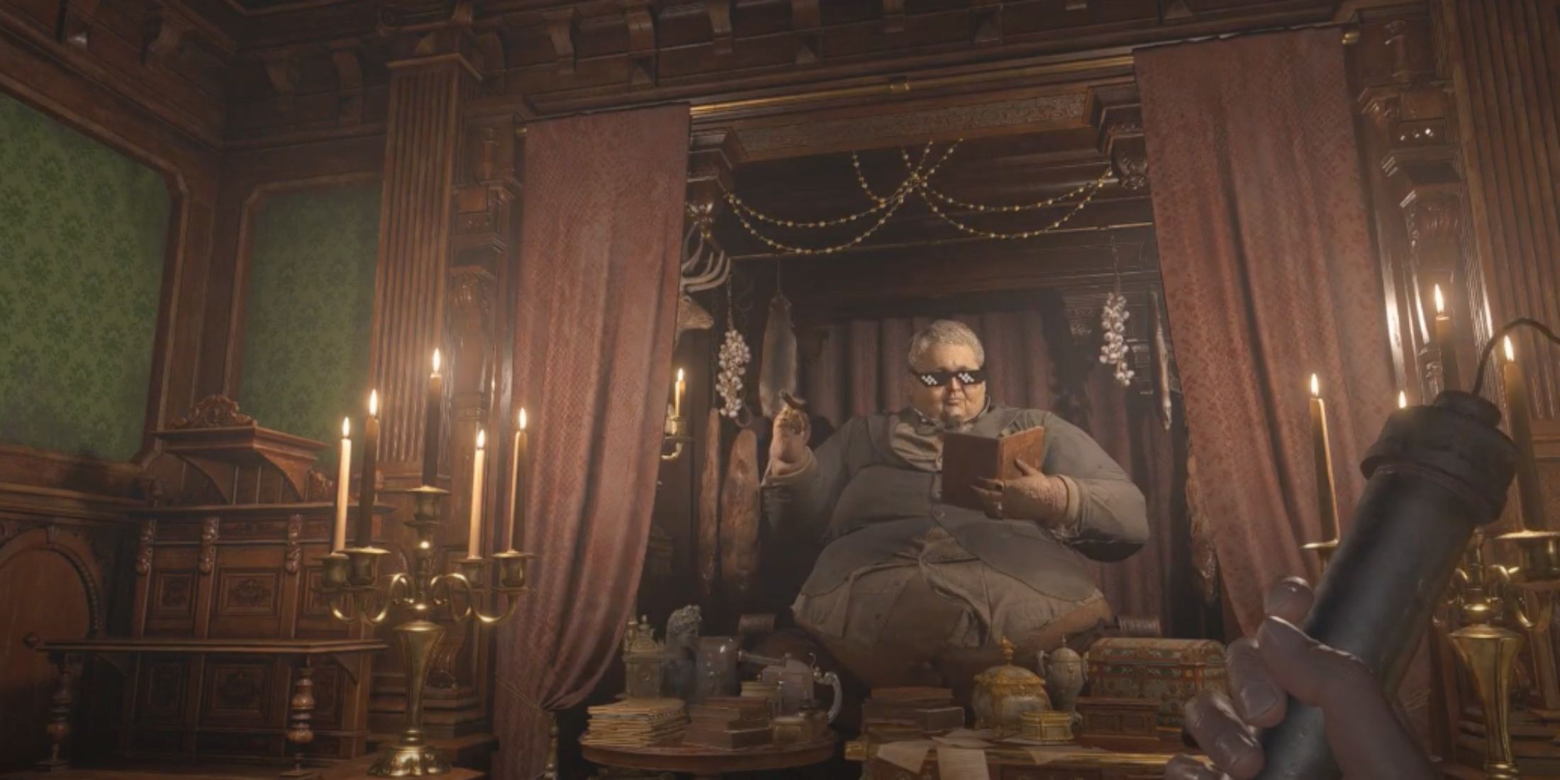 Duke sitting at his merchant desk reading a book with black pixel glasses on