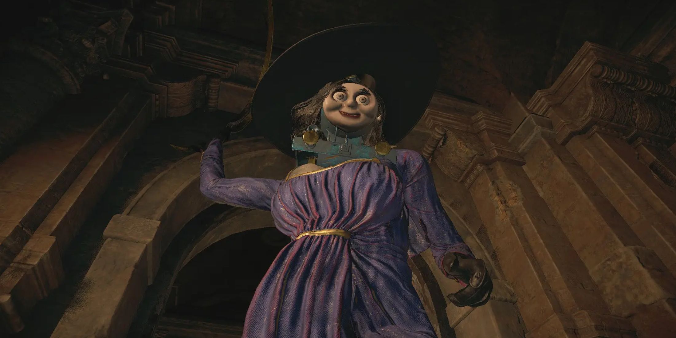 Lady Dimitrescu with Thomas the Tank Engine's face wearing a purple dress