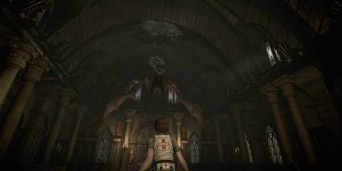 Rebecca Chambers standing in a church with a giant bat overhead