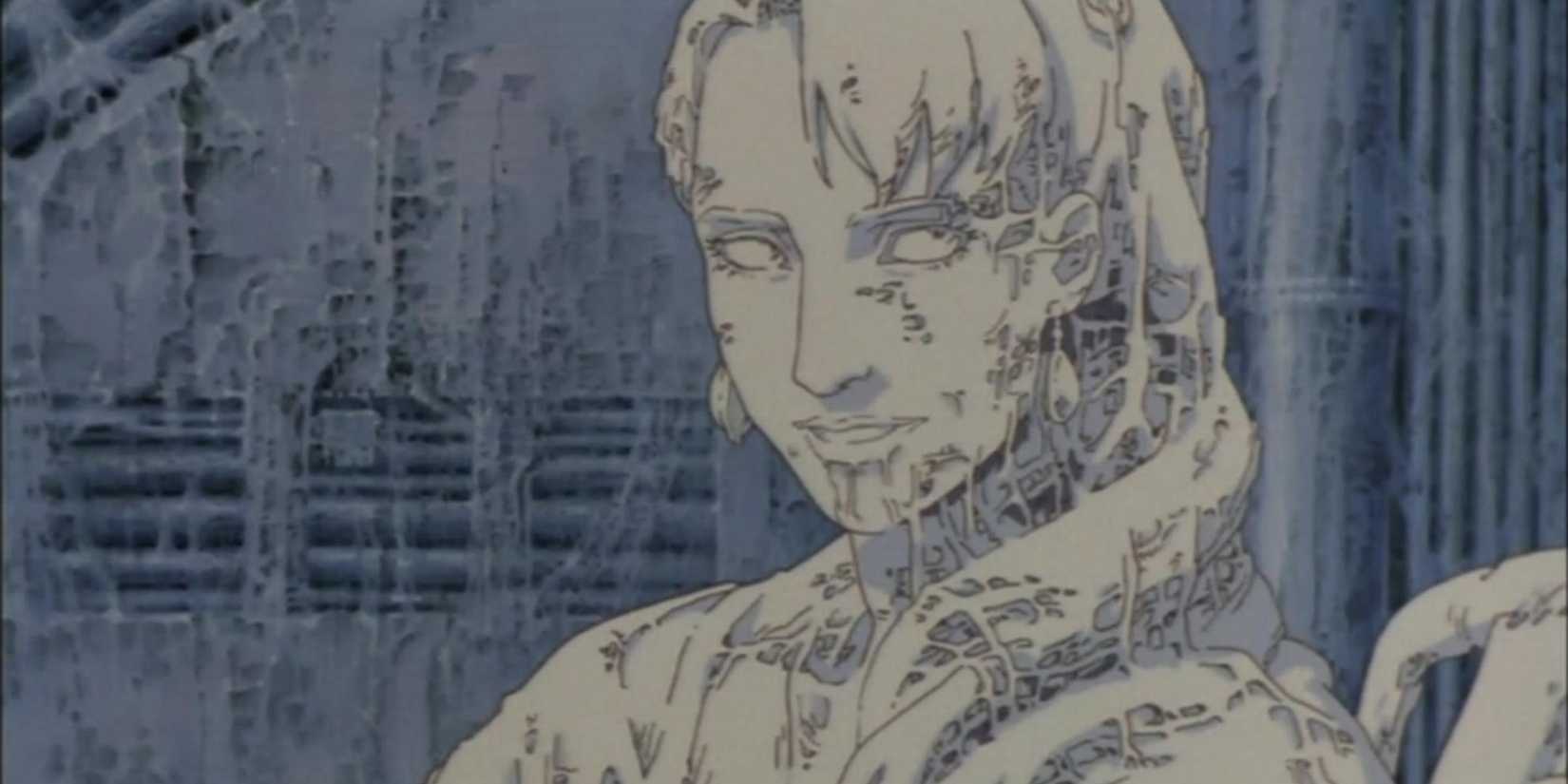 Memories anime movie still featuring a haunting clown face