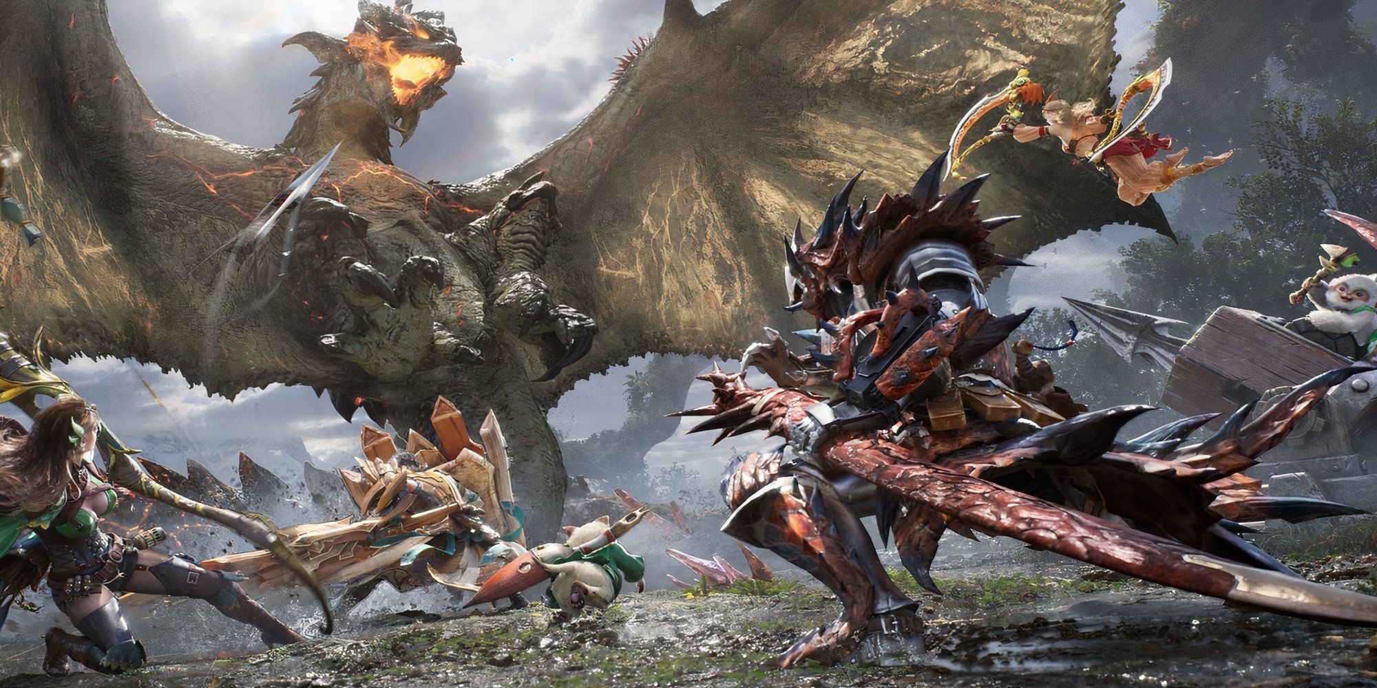 Hunters fighting a winged monster in Monster Hunter Outlanders