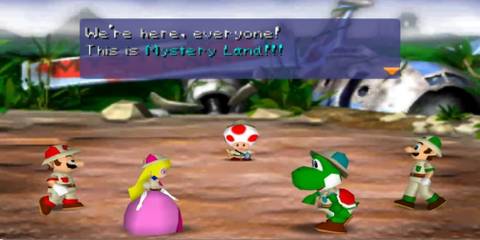 mario, peach, yoshi, luigi, toad at mystery land