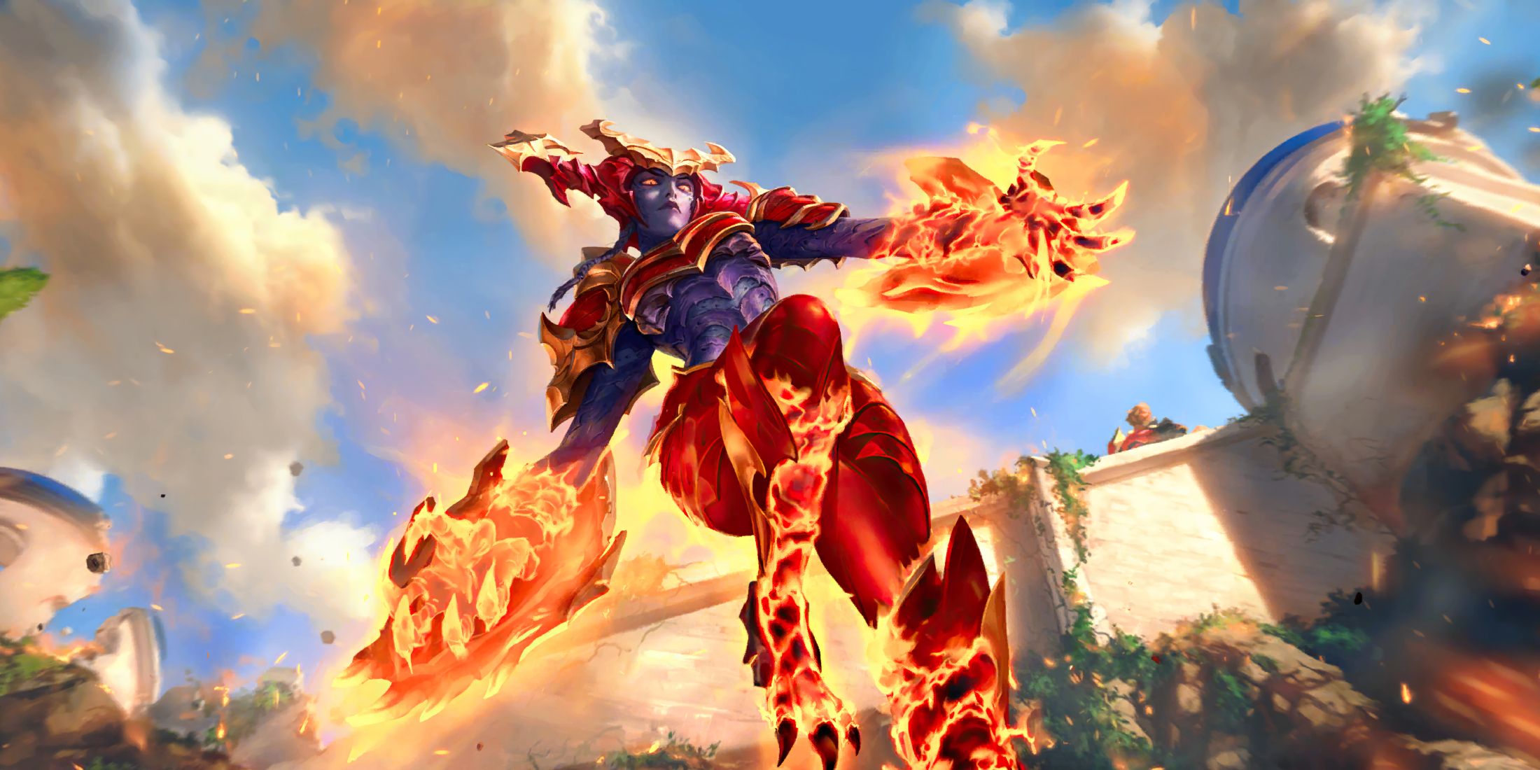 Shyvana in her fiery form, leaping forward with blazing claws and armor, surrounded by flames, in Legends of Runeterra