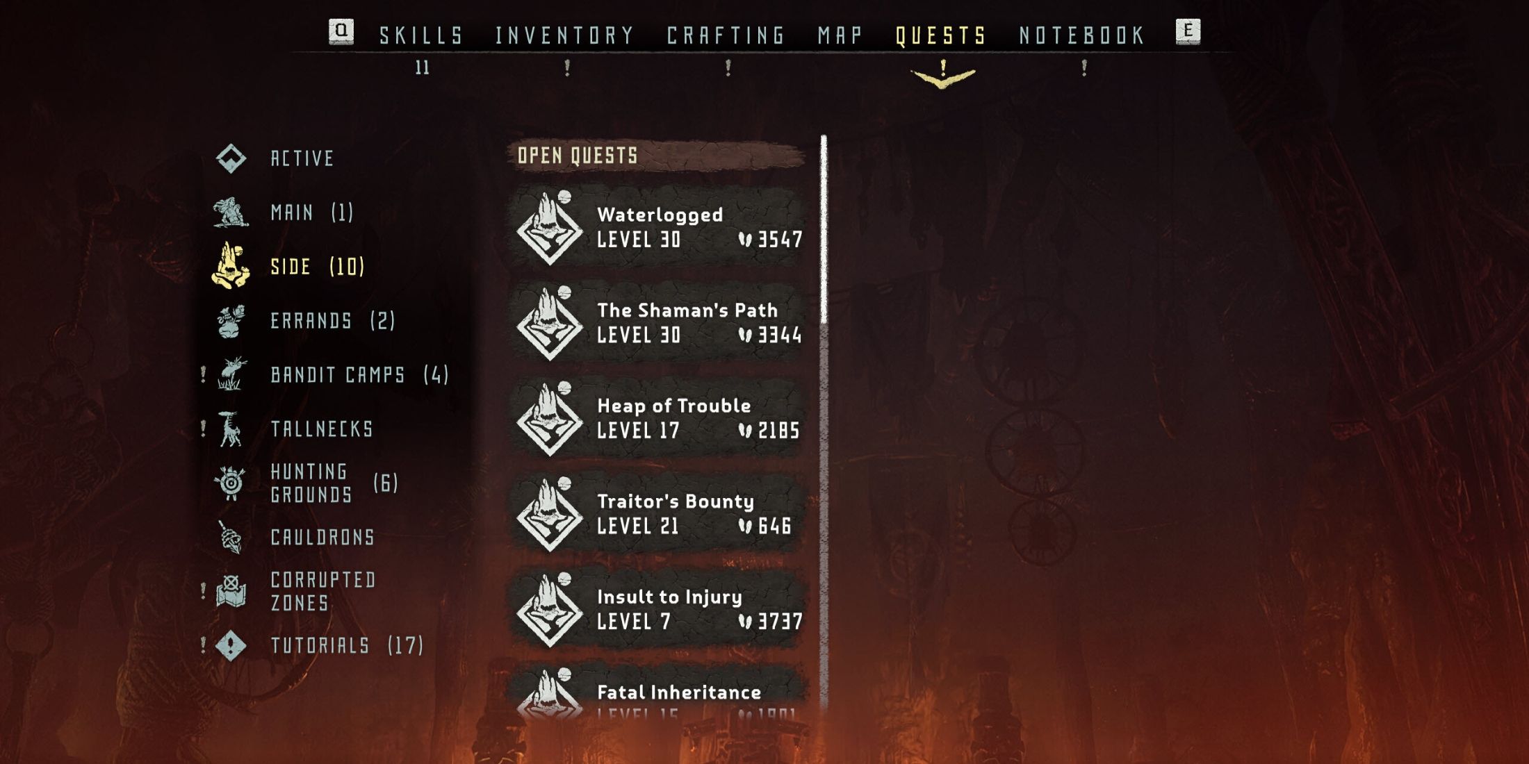 Side Quests Menu in Horizon Zero Dawn