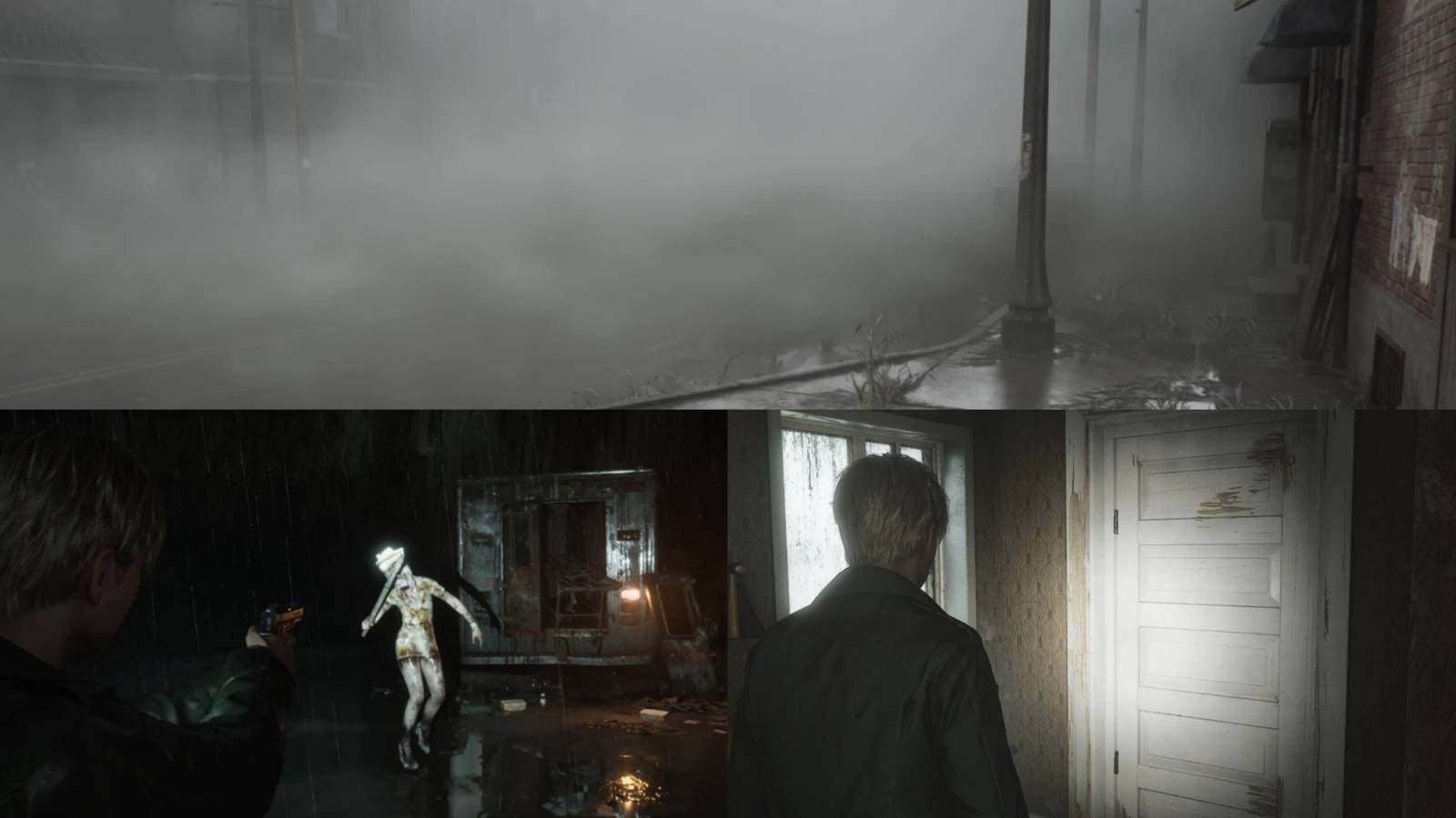 Silent Hill 2 Remake collage featuring a first person angle, James fighting a nurse, and James looking at a door