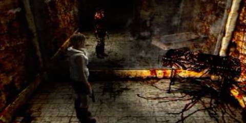 Heather Mason standing in the mirror room with a table of blood in the corner