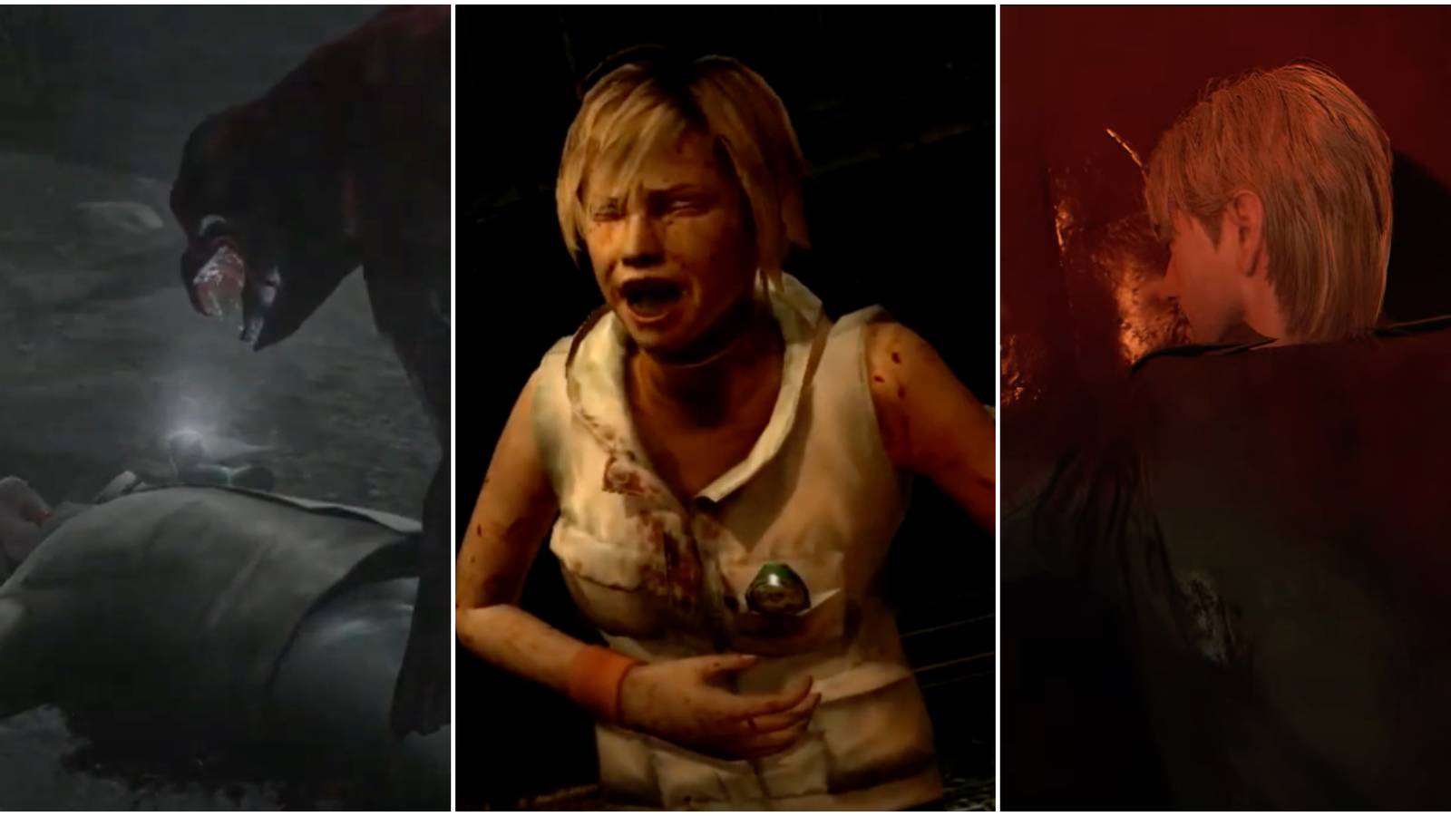 Alex being killed by a dog, Heather crying out in pain and holding her side, James lying face-first on the ground