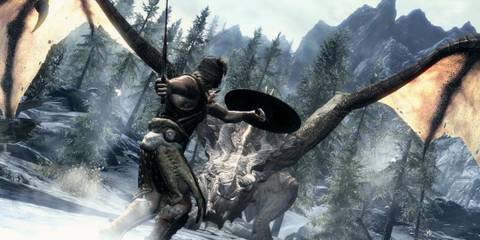 The Dragonborn fighting a dragon in The Elder Scrolls 5: Skyrim