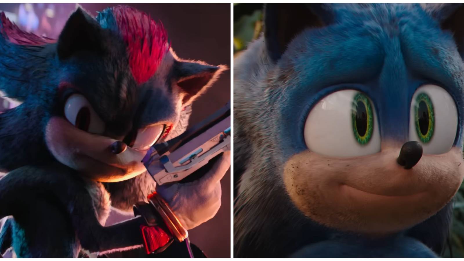 Split image of Shadow and Sonic in the trailer for Sonic the Hedgehog 3