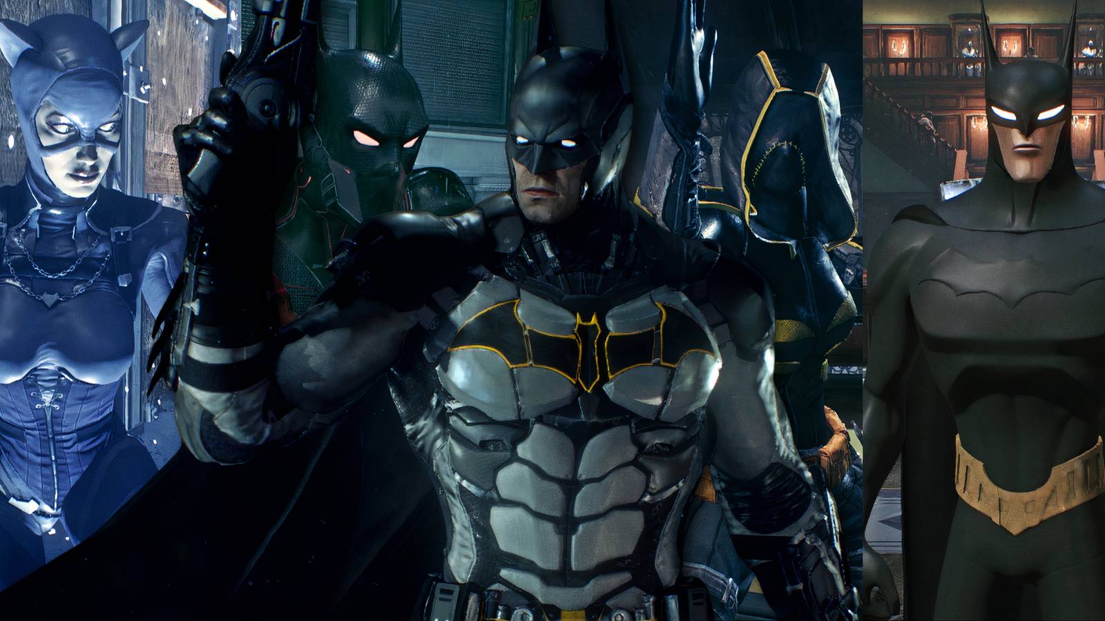Split image of Catwoman, Batman Beyond, Batman, Cassandra Cain, and Beware The Batman