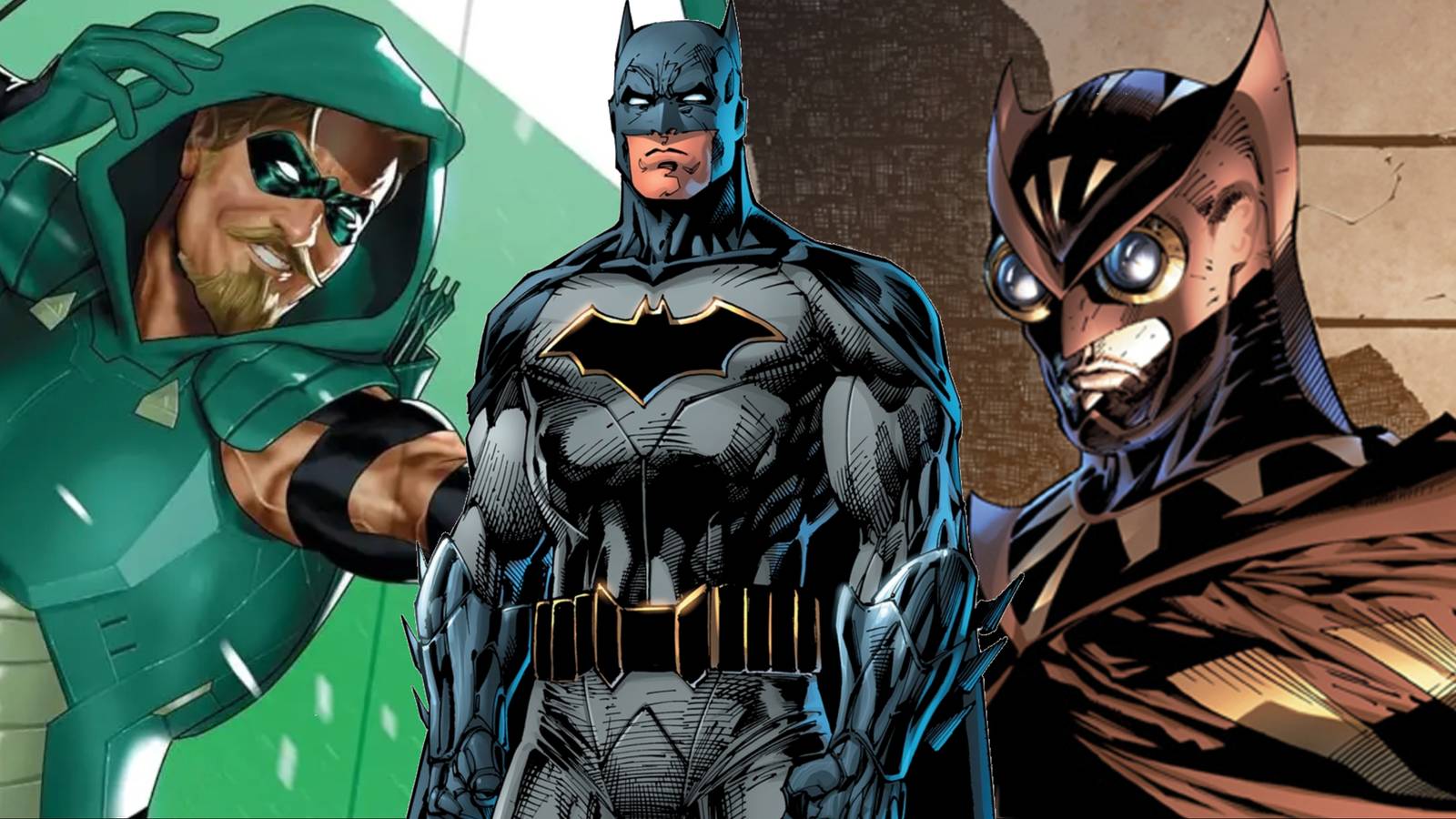 Split image of Green Arrow, Batman, and Nite Owl from DC