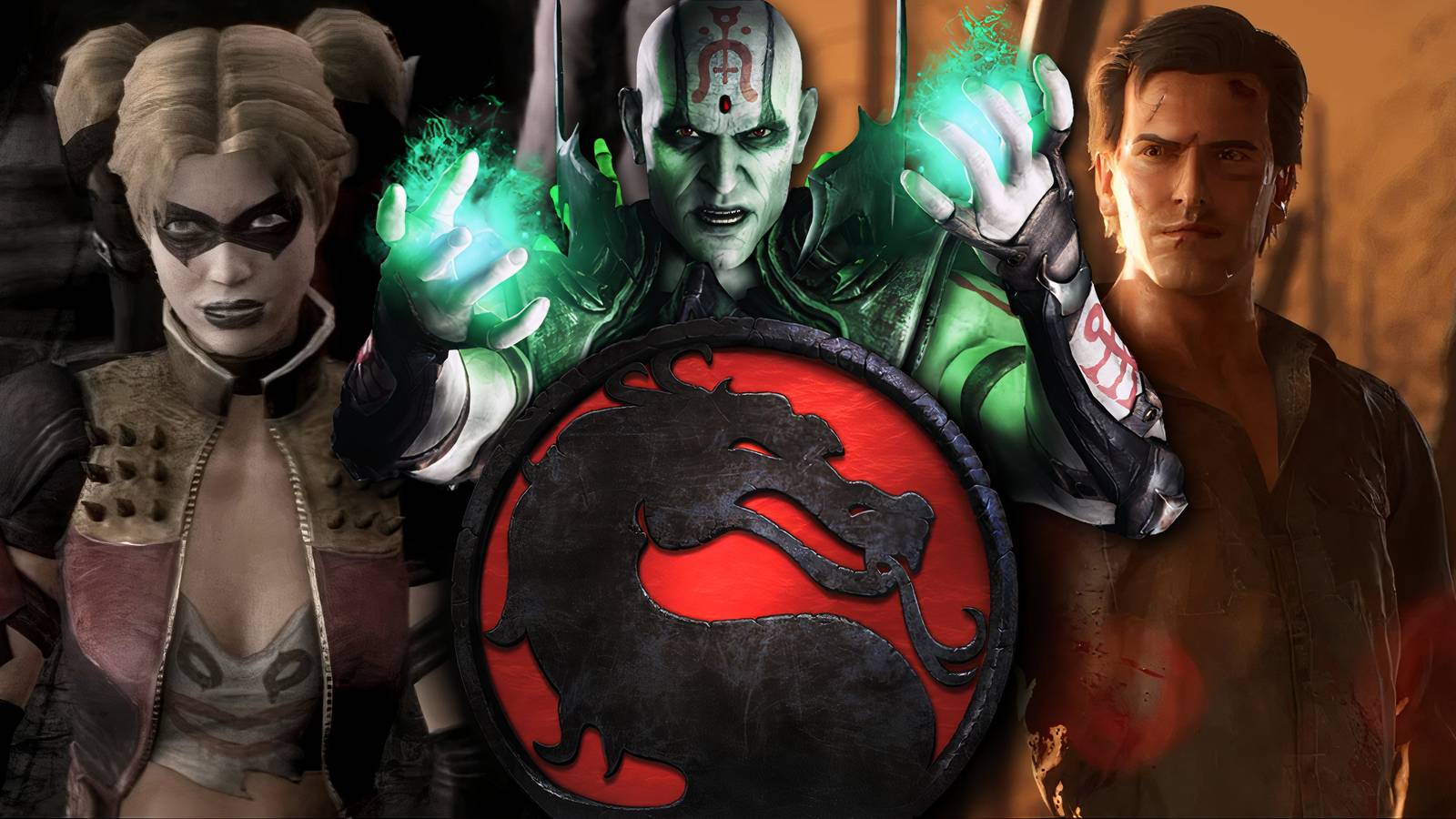 Split image of Harley Quinn, Quan Chi, and Ash Williams