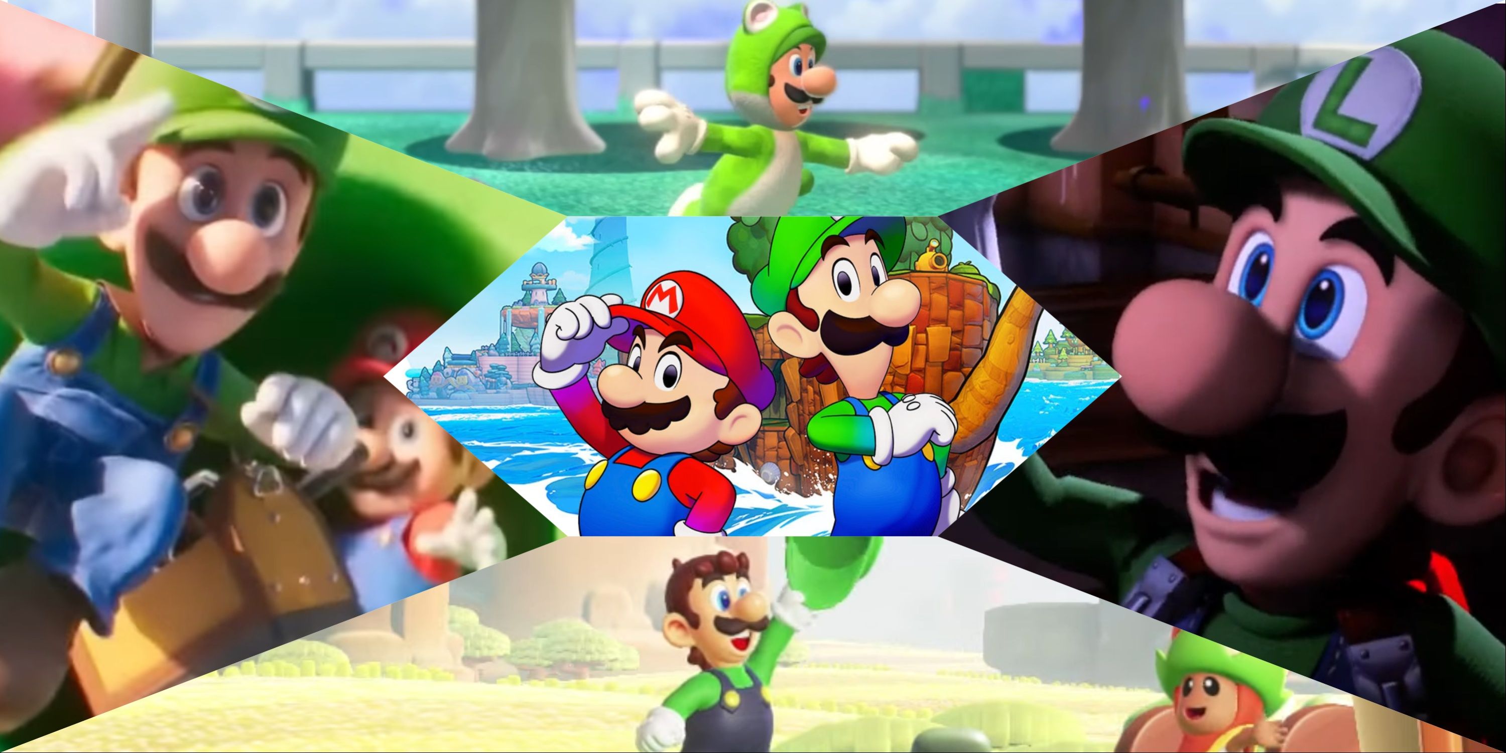 Split image of Luigi in various games of the Mario universe