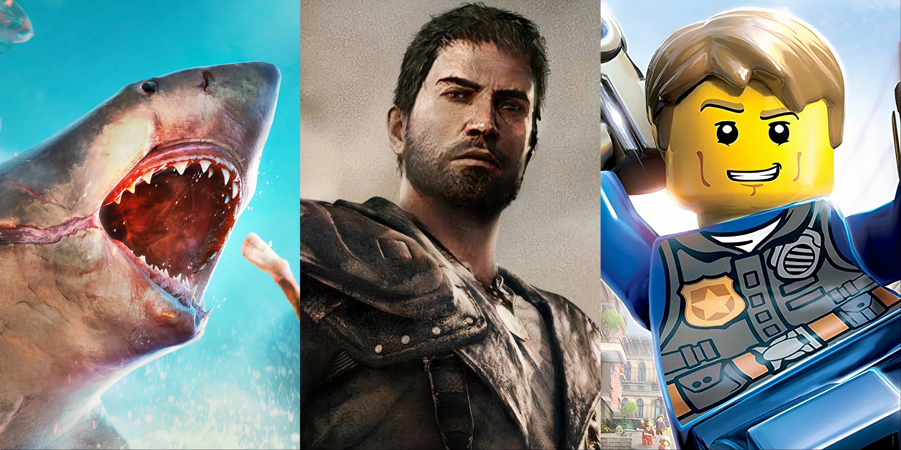 Split image of Maneater, Mad Max, and LEGO City Undercover