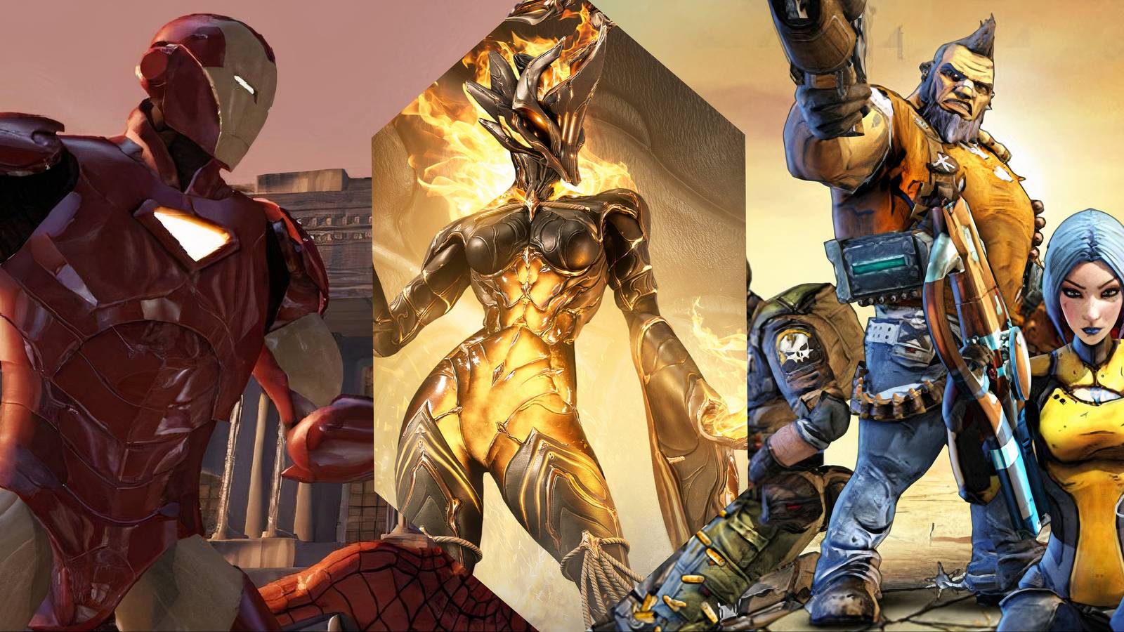 Split image of Marvel Ultimate Alliance 2, Warframe, and Borderlands 2