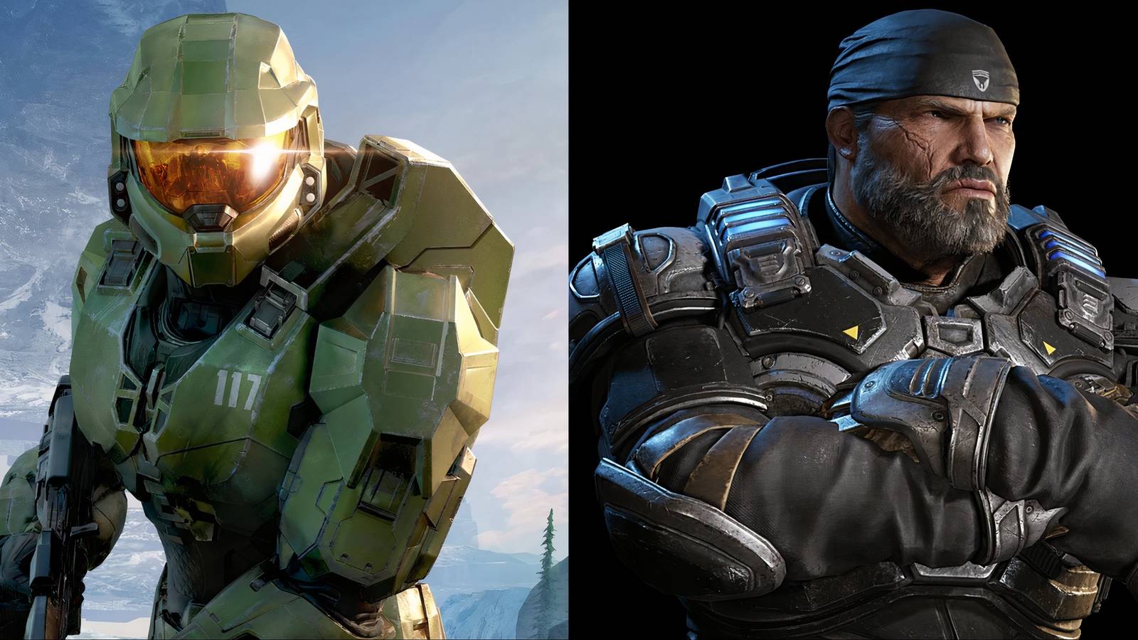 Split image of Master Chief from Halo Infinite and Marcus Fenix from Gears 5
