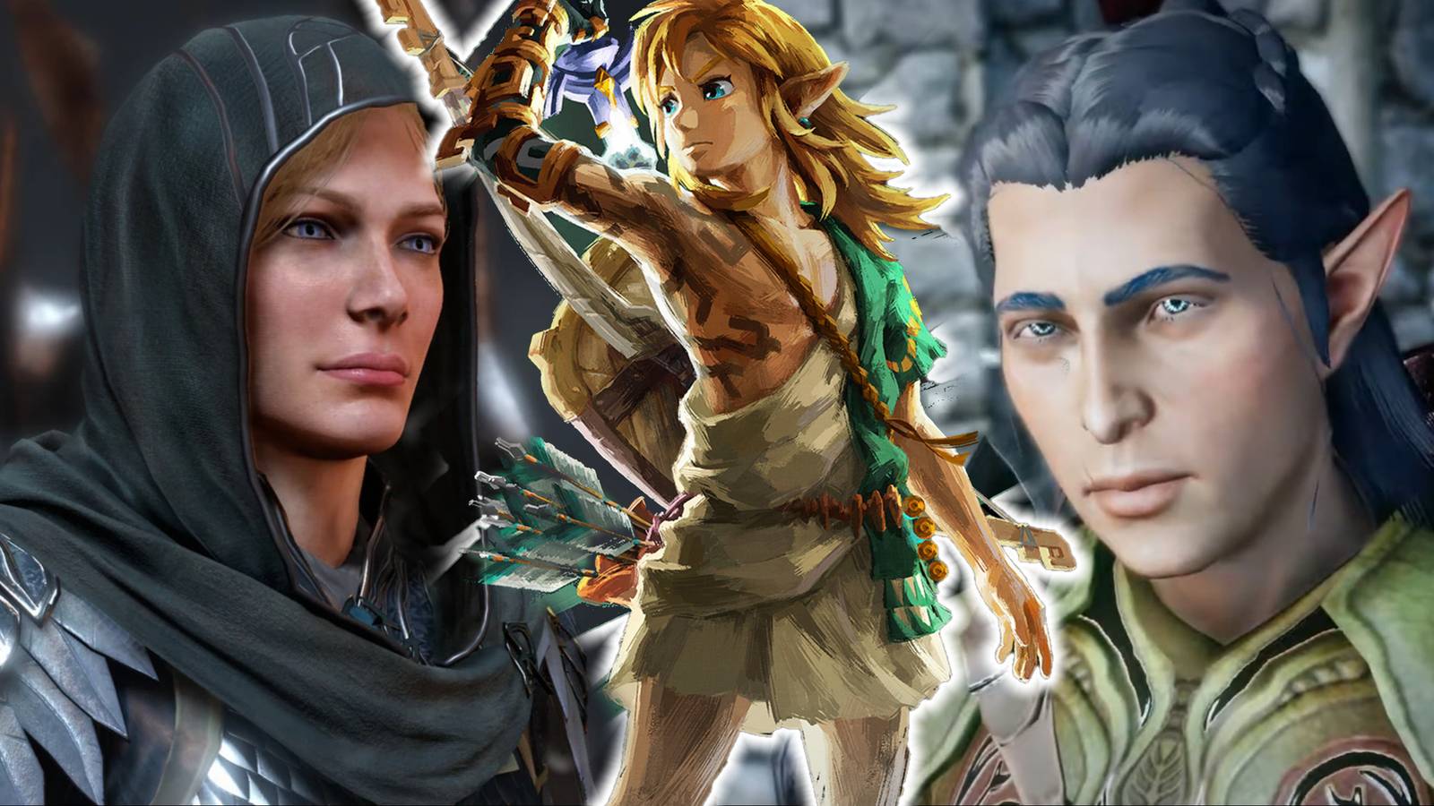 Split image of Middle Earth Shadow Of War, The Legend Of Zelda Tears Of The Kingdom, Dragon Age Inquisition