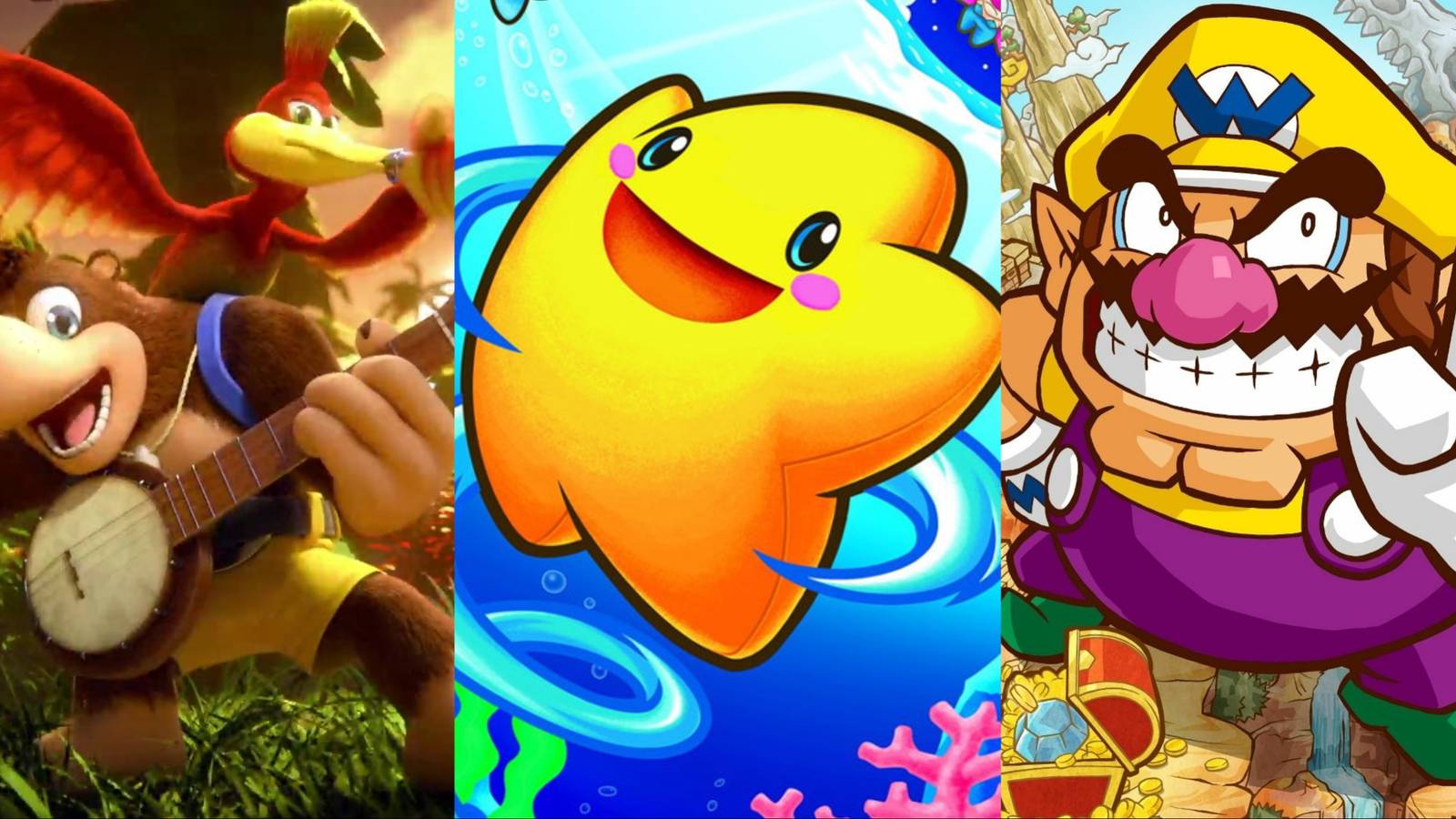 Split image of Super Smash Bros. Ultimate, The Legendary Starfy, and Wario Land Shake It