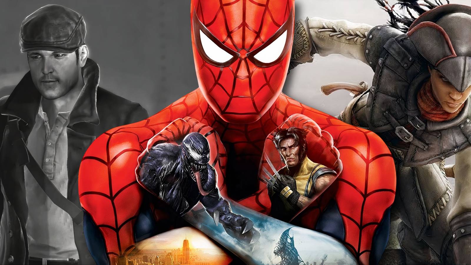Split image of The Saboteur, Spider-Man Web Of Shadows, Assassin's Creed Liberation HD