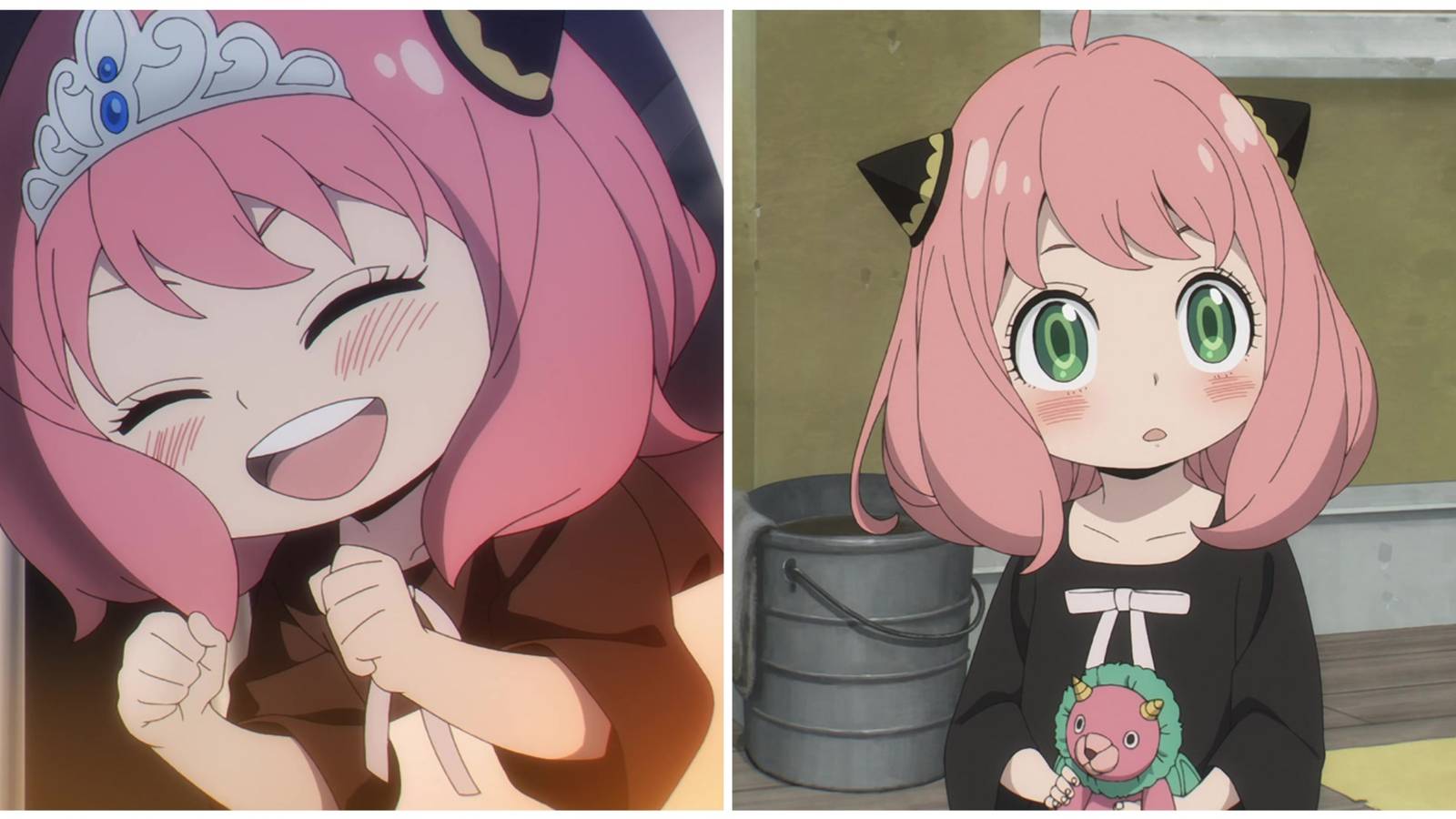 Split image of Anya getting excited and Anya about to be adopted by Loid in Spy x Family