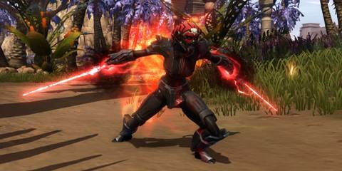 A character dual-wielding lightsabers in Star Wars: The Old Republic