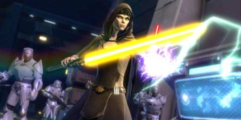 A character using a lightsaber and force powers in Star Wars: The Old Republic