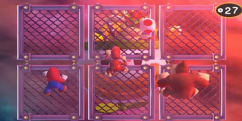 mario, diddy, toad and dk climbing a fence
