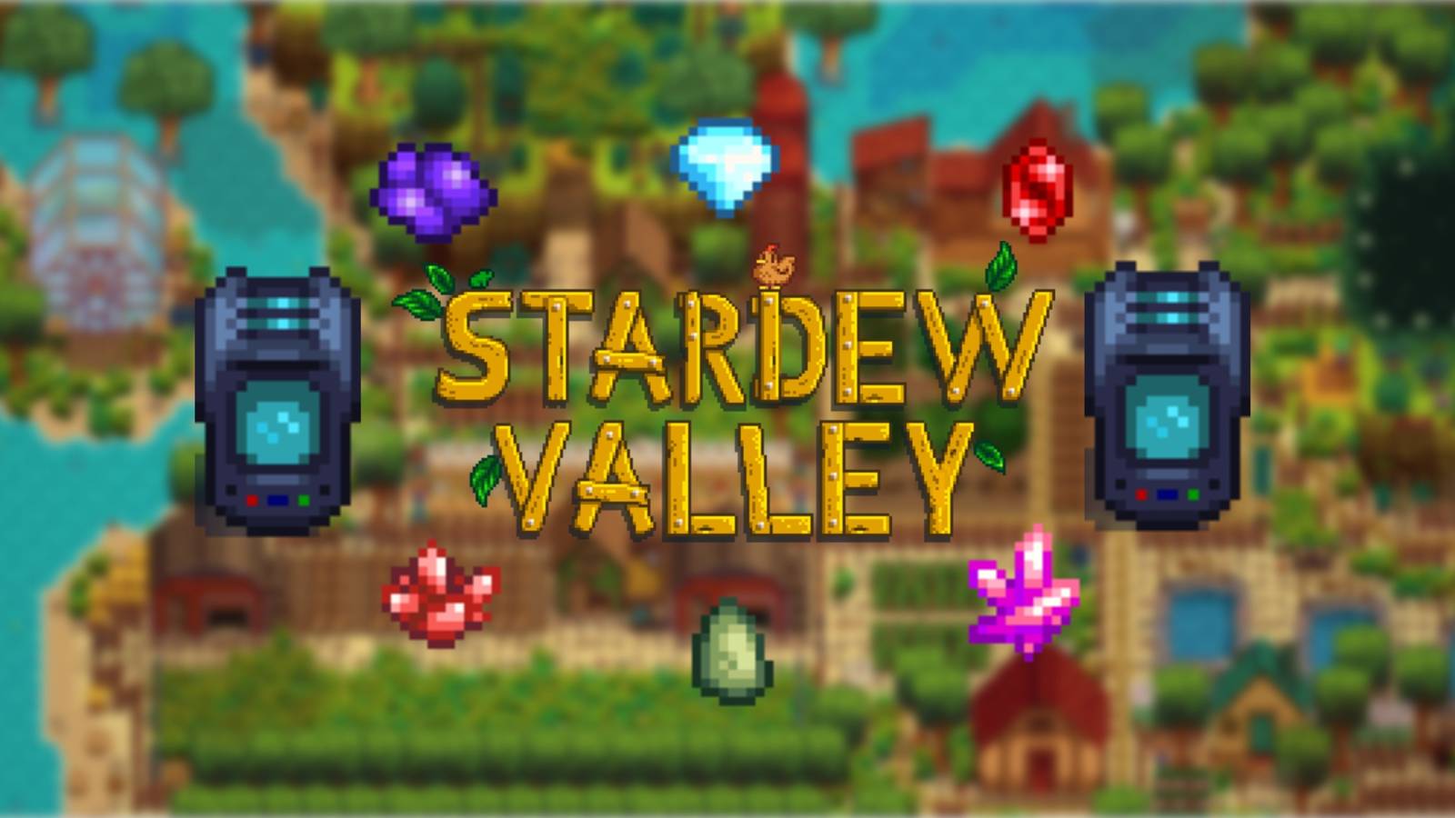 stardew valley logo with two crystalariums, jade, amethyst, diamond, ruby, star shards and fire quartz surrounding