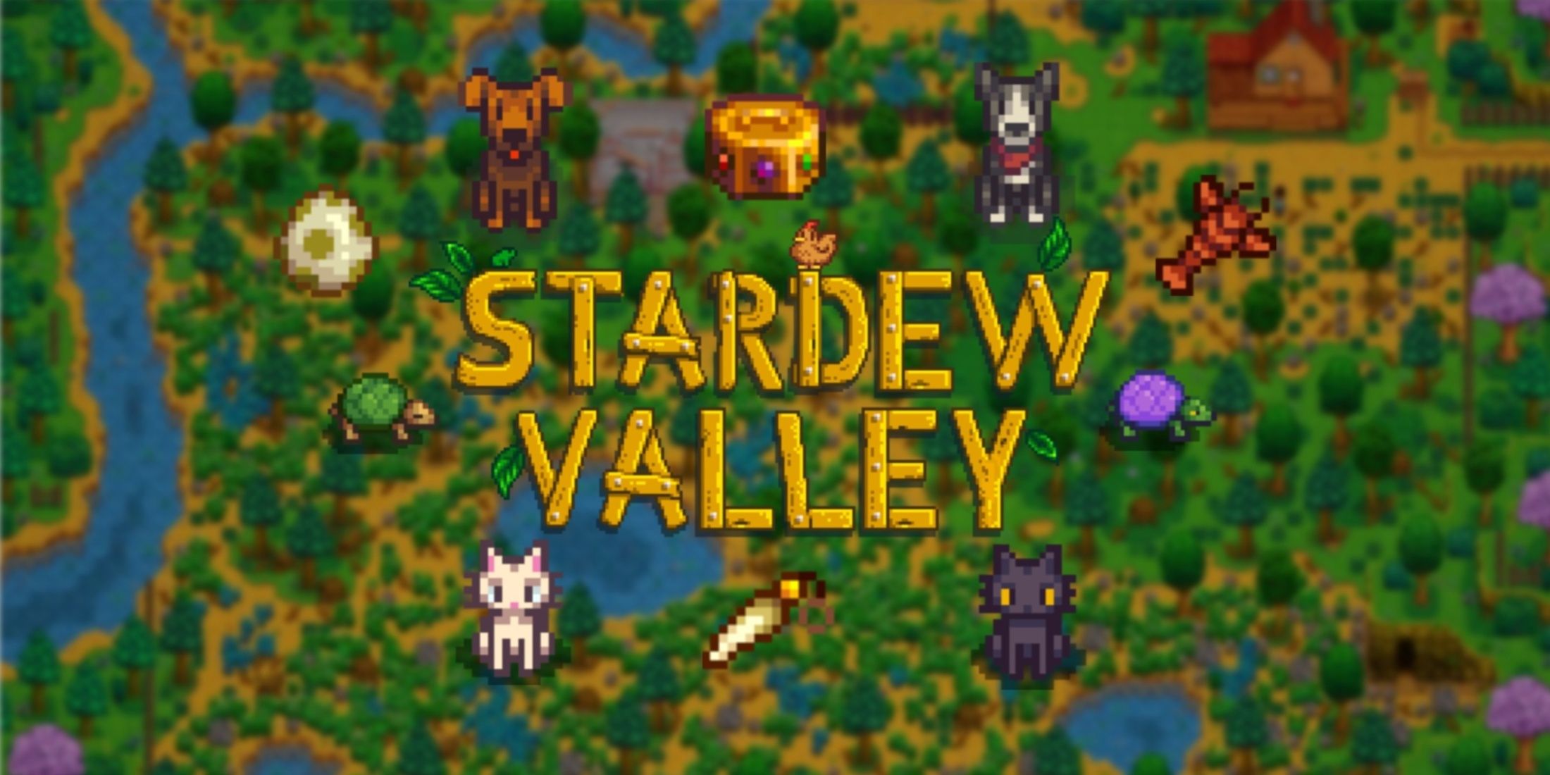 stardew logo with two cats, two dogs, and two turtles around it with dino egg, lobster, artifact trove, and rabbits foot inbetween