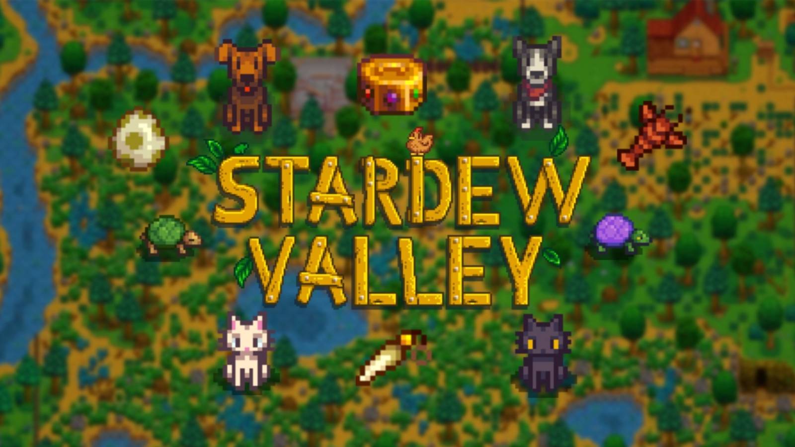 stardew logo with two cats, two dogs, and two turtles around it with dino egg, lobster, artifact trove, and rabbits foot inbetween