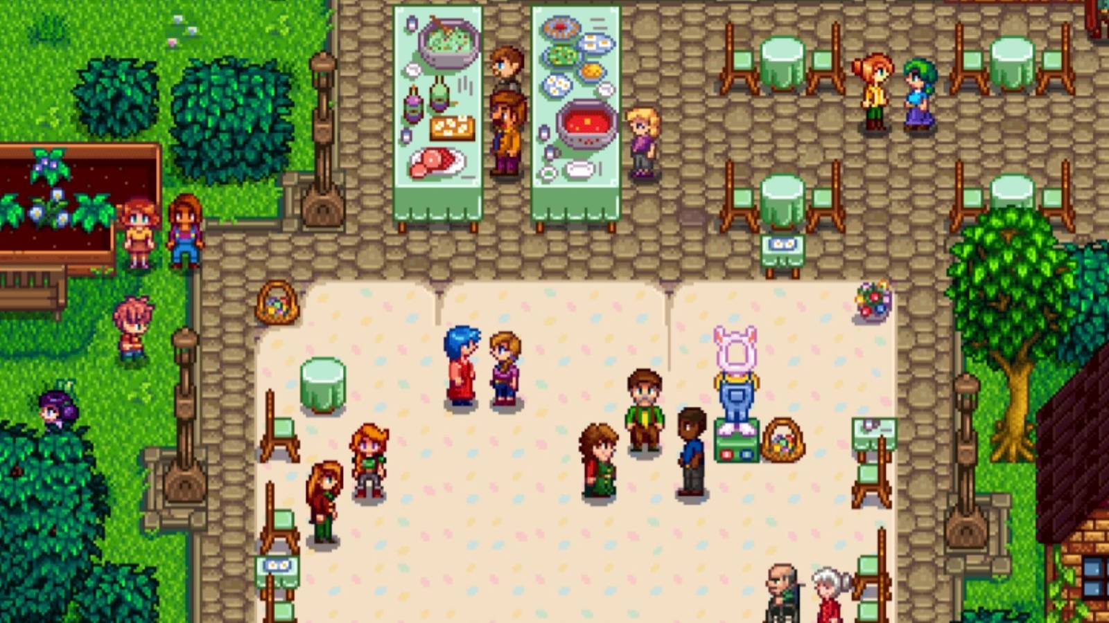 Stardew Valley Egg Festival, villagers stood around chatting near an easter bunny style cutout