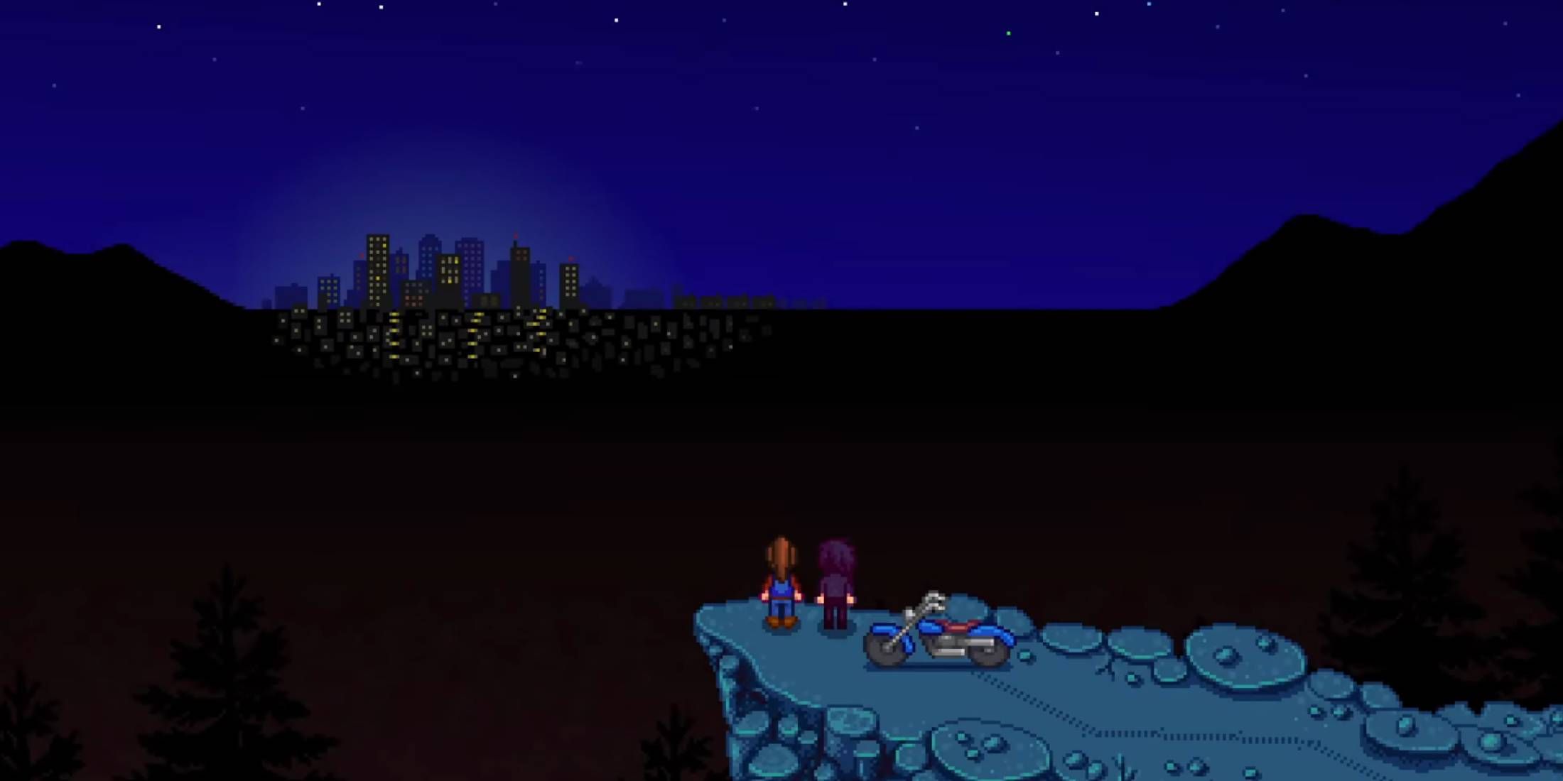 Sebastian and the farmer on a cliff overlooking Zuzu City in his ten-heart event in Stardew Valley