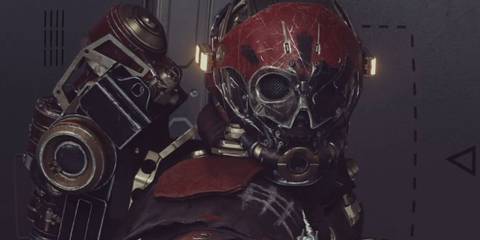 Starfield crimson fleet suit helment worn by a character