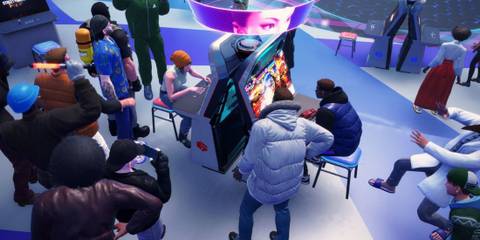 A crowded arcade with players gathering around a Street Fighter 6 machine