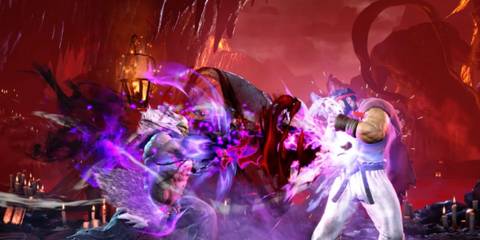 Ryu confronts a menacing opponent in a dark arena in Street Fighter 6