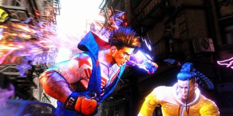 Two characters battle in a colorful, neon-lit street in Street Fighter 6