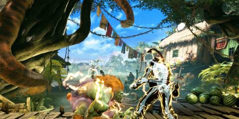 A tropical jungle fight scene with a character using electric energy against Blanka in Street Fighter 6
