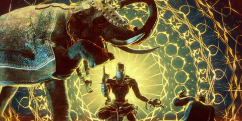 Dhalsim meditates in front of an ornate, glowing elephant statue in Street Fighter 6