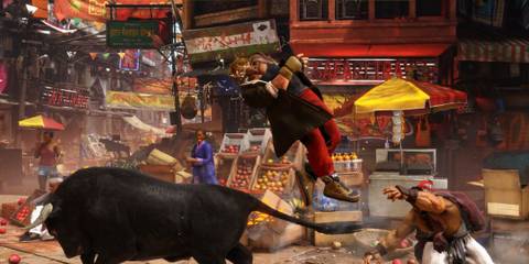 A fighter evades a charging bull in Street Fighter 6 